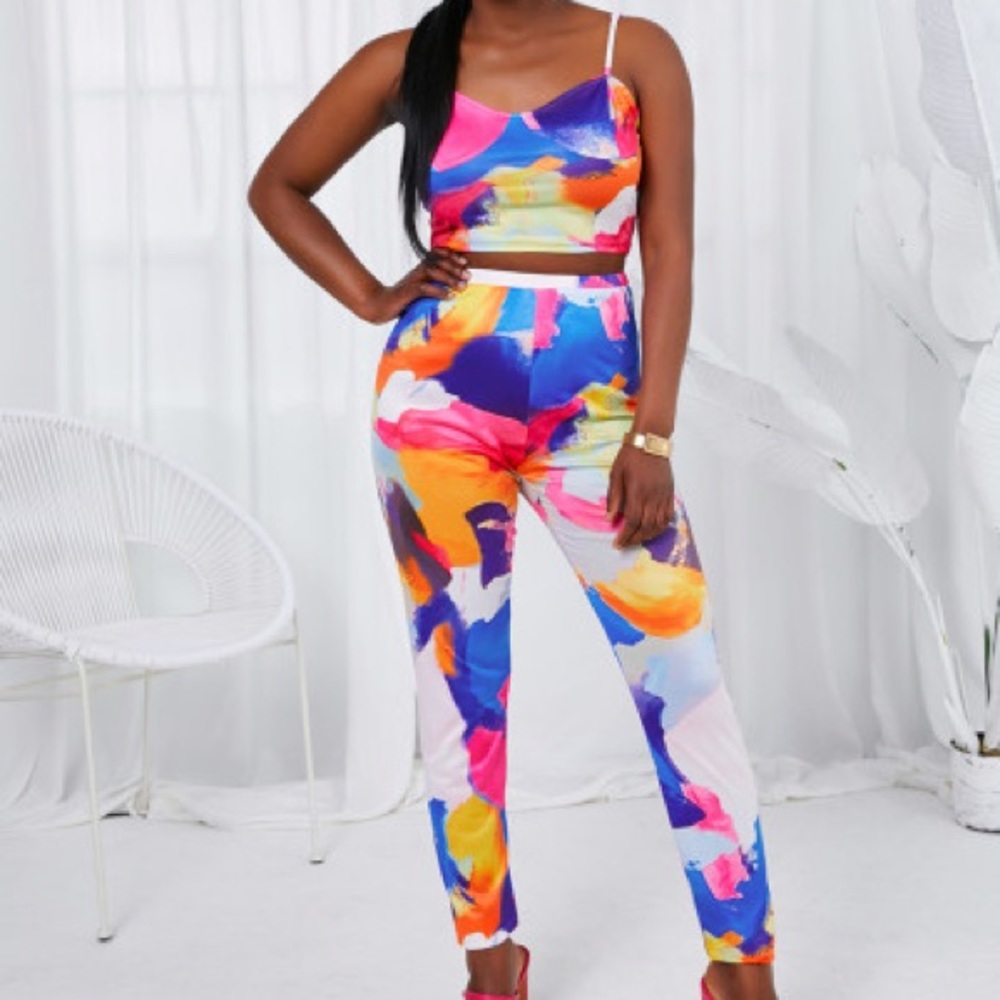 Two-Piece Multi Colored Pants + Cropped Top